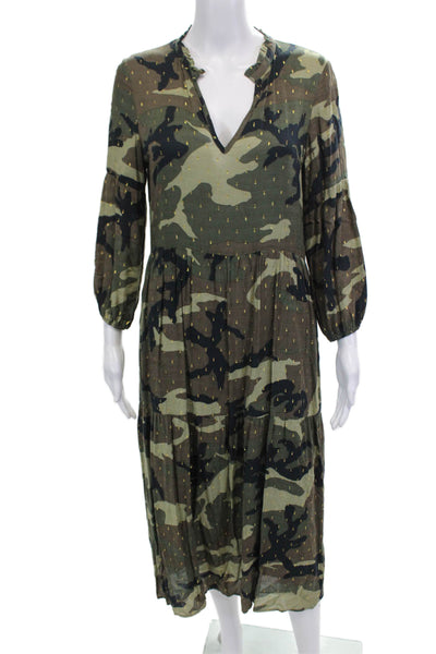 Vilagallo Womens V Neck Long Sleeve Metallic Camo Maxi Dress Green Size 38