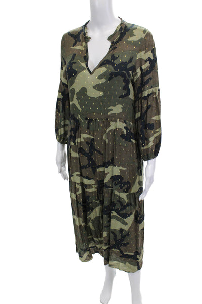 Vilagallo Womens V Neck Long Sleeve Metallic Camo Maxi Dress Green Size 38