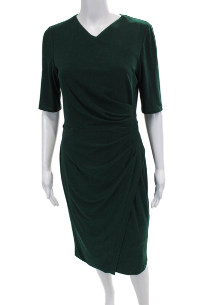 Maggy London Womens Short Sleeve Gathered V Neck Sheath Dress Green Size 6