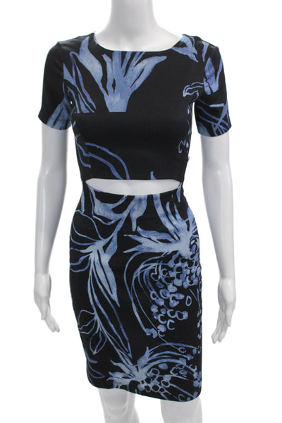 Suno Womens Back Zip Short Sleeve Cut Out Abstract Sheath Dress Navy Size 0