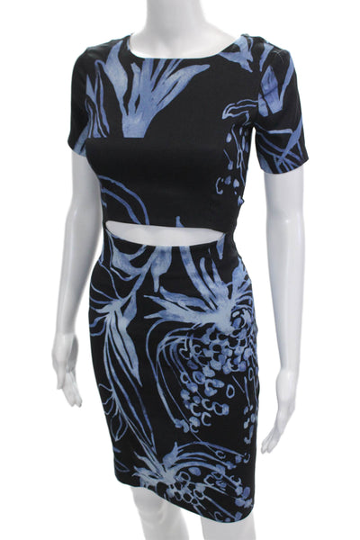 Suno Womens Back Zip Short Sleeve Cut Out Abstract Sheath Dress Navy Size 0