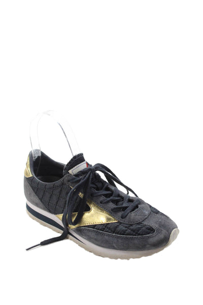 Brooks Womens Lace Up Metallic Trim Quilted Suede Sneakers Navy Gold Size 6