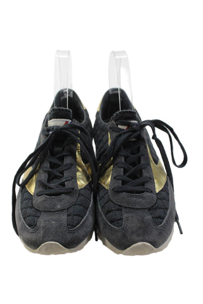 Brooks Womens Lace Up Metallic Trim Quilted Suede Sneakers Navy Gold Size 6