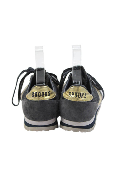 Brooks Womens Lace Up Metallic Trim Quilted Suede Sneakers Navy Gold Size 6