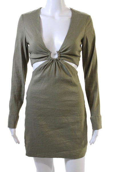 Zara Womens V Neck Long Sleeves Cut Out Waist Dress Green Size Extra Small
