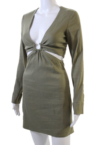Zara Womens V Neck Long Sleeves Cut Out Waist Dress Green Size Extra Small
