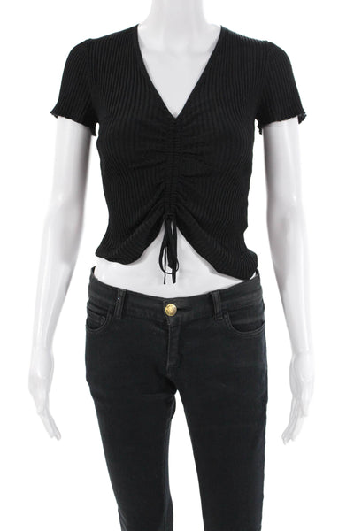 Maje Womens Short Sleeve Ruched Stretch V-Neck Blouse Top Black Size 1