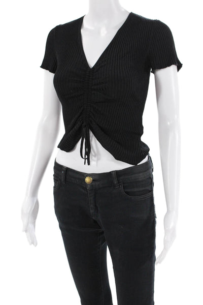 Maje Womens Short Sleeve Ruched Stretch V-Neck Blouse Top Black Size 1