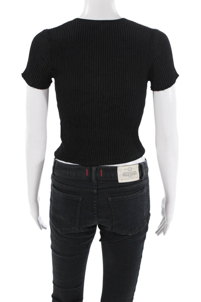 Maje Womens Short Sleeve Ruched Stretch V-Neck Blouse Top Black Size 1