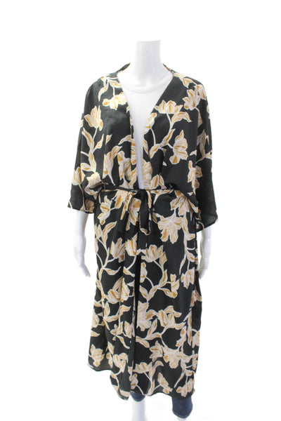 Maison du Soir Womens Short Sleeve Floral Print Self Tie Robe Black Size L/XL