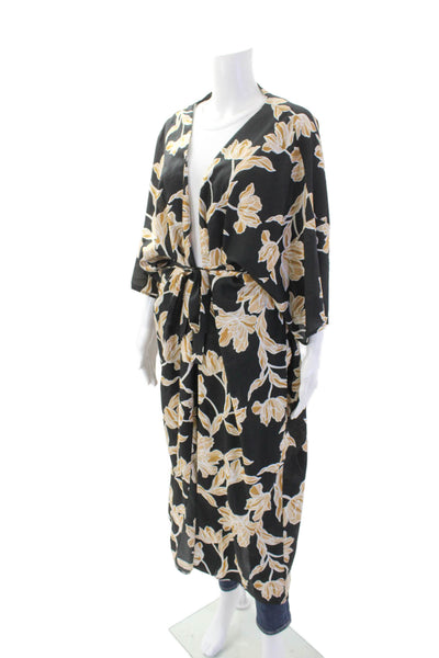 Maison du Soir Womens Short Sleeve Floral Print Self Tie Robe Black Size L/XL