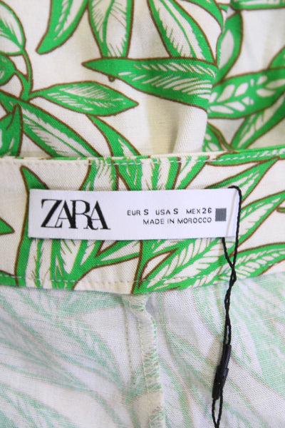 Zara Womens Pleated Leaf Print Lightweight Shorts Beige Green Size S