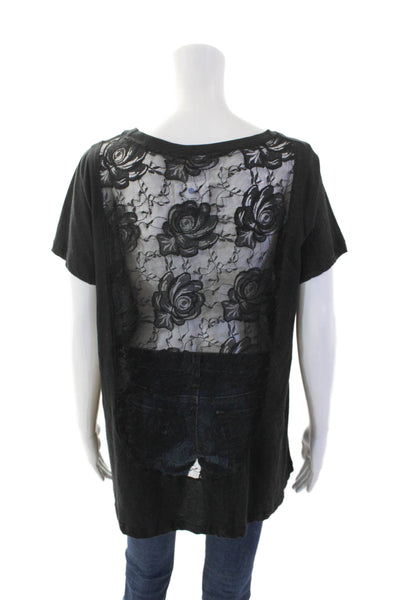 LNA Womens Cotton Lace Back Round Neck Short Sleeve T-Shirt Black Size L