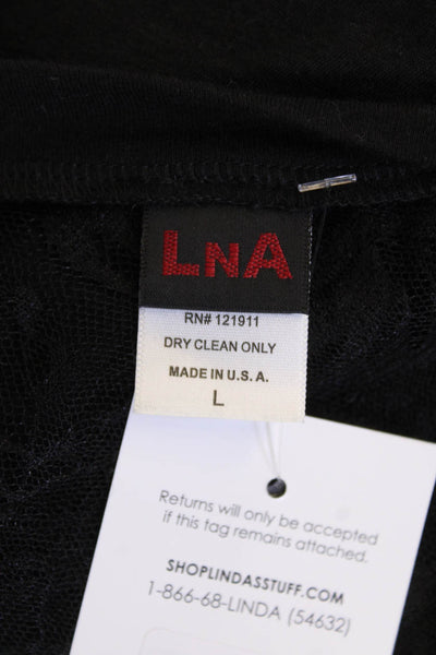 LNA Womens Cotton Lace Back Round Neck Short Sleeve T-Shirt Black Size L