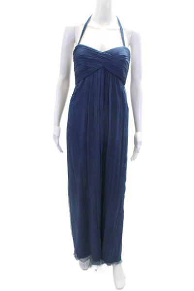 Amsale Womens Silk Sweetheart Halter Neck Full Length Gown Blue Size 6