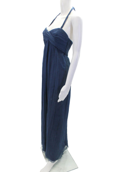 Amsale Womens Silk Sweetheart Halter Neck Full Length Gown Blue Size 6