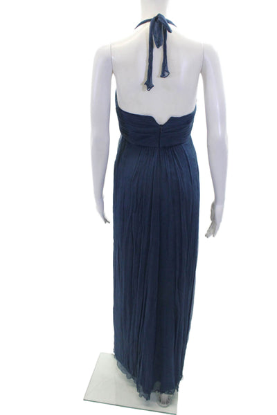 Amsale Womens Silk Sweetheart Halter Neck Full Length Gown Blue Size 6
