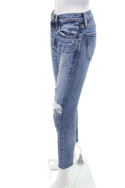 Moussy Womens Button Fly High Rise Distressed Cropped Jeans Blue Denim Size 24