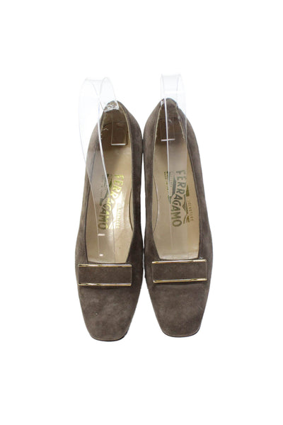 Salvatore Ferragamo Womens Suede Square Toe Slip On Heels Pumps Gray Size 5