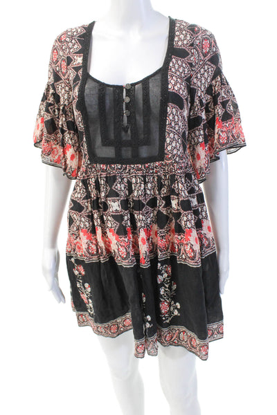 Free People Womens Floral Scoop Neck Short Sleeve Mini Dress Black Size XS
