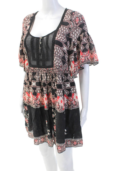 Free People Womens Floral Scoop Neck Short Sleeve Mini Dress Black Size XS