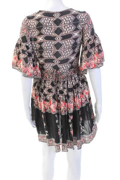 Free People Womens Floral Scoop Neck Short Sleeve Mini Dress Black Size XS