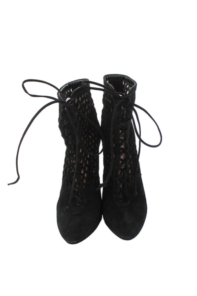 Alaia Womens Stiletto Lace Up Laser Cut Pointed Booties Black Suede Size 37