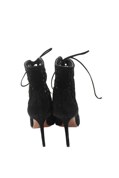 Alaia Womens Stiletto Lace Up Laser Cut Pointed Booties Black Suede Size 37