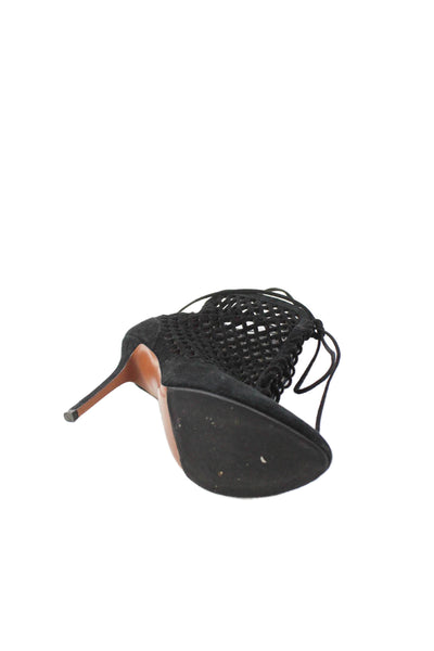 Alaia Womens Stiletto Lace Up Laser Cut Pointed Booties Black Suede Size 37