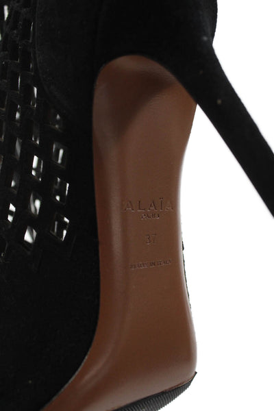 Alaia Womens Stiletto Lace Up Laser Cut Pointed Booties Black Suede Size 37