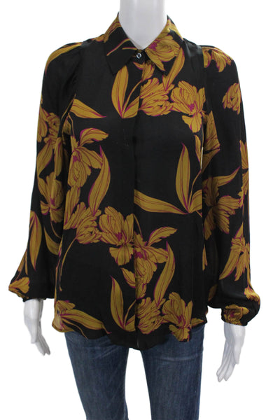 ALC Womens Button Front Long Sleeve Floral Silk Shirt Black Brown Size 0