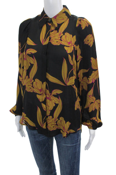 ALC Womens Button Front Long Sleeve Floral Silk Shirt Black Brown Size 0