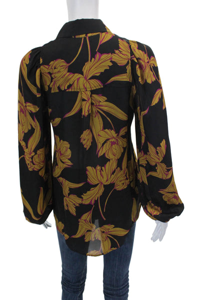 ALC Womens Button Front Long Sleeve Floral Silk Shirt Black Brown Size 0