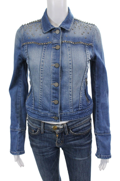 Paige Womens Button Front Collared Spike Studded Jean Jacket Blue Size XS