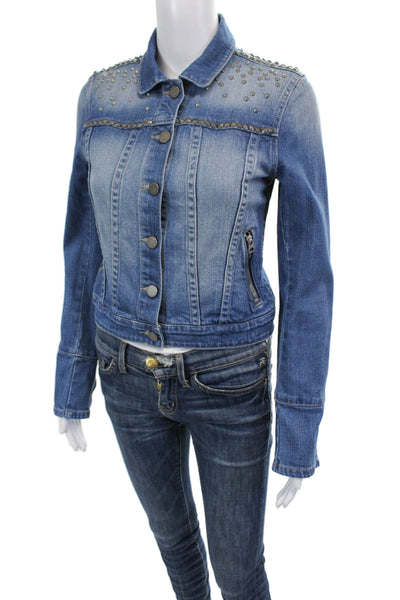 Paige Womens Button Front Collared Spike Studded Jean Jacket Blue Size XS