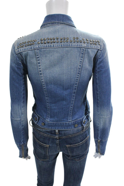 Paige Womens Button Front Collared Spike Studded Jean Jacket Blue Size XS