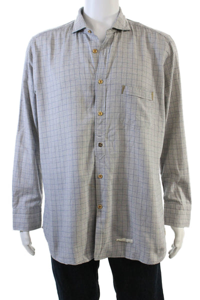 Tintoria Mattei Mens Button Front Collared Plaid Shirt White Navy Cotton 17.5