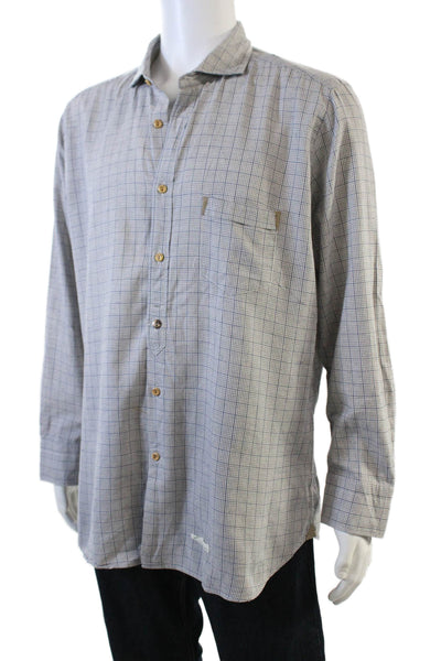 Tintoria Mattei Mens Button Front Collared Plaid Shirt White Navy Cotton 17.5