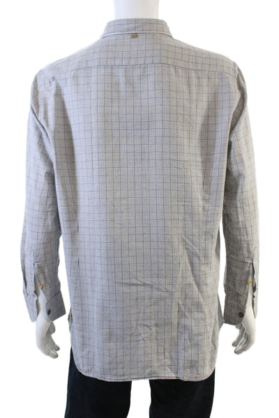 Tintoria Mattei Mens Button Front Collared Plaid Shirt White Navy Cotton 17.5