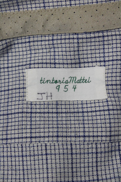 Tintoria Mattei Mens Button Front Collared Plaid Shirt White Navy Cotton 17.5