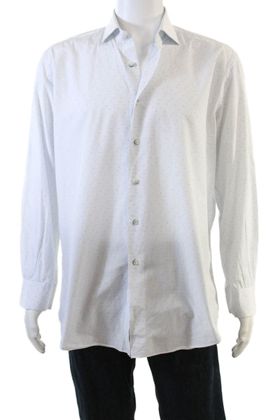 XACUS Mens Button Front Long Sleeve Pinstriped Shirt White Blue Cotton Size 17
