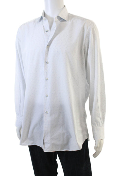 XACUS Mens Button Front Long Sleeve Pinstriped Shirt White Blue Cotton Size 17