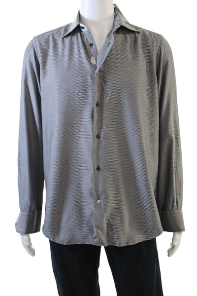 Robert Graham Mens Button Front Collared Geometric Shirt Gray Cotton Size M/L