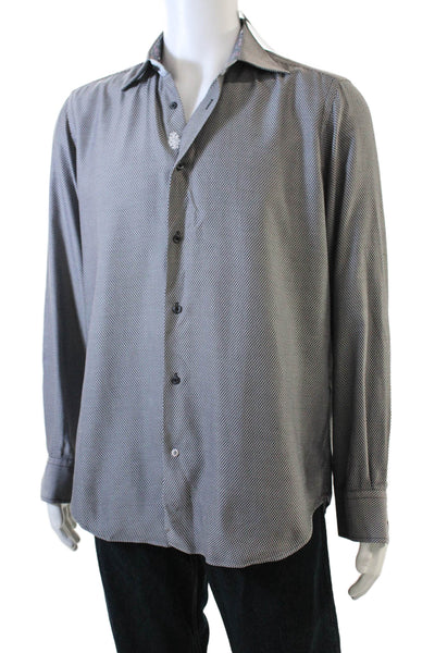Robert Graham Mens Button Front Collared Geometric Shirt Gray Cotton Size M/L