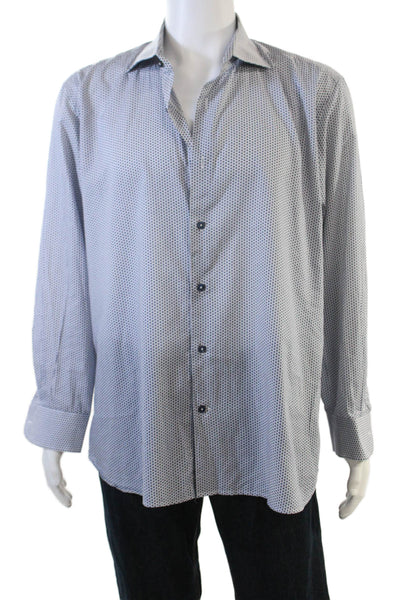 Ravazzolo Mens Button Front Long Sleeve Printed Dress Shirt Navy White Size 18