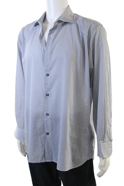 Ravazzolo Mens Button Front Long Sleeve Printed Dress Shirt Navy White Size 18