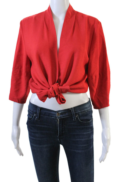 The Sei Womens Short Sleeve Collared Cropped Wrap Top Solid Red Size 2