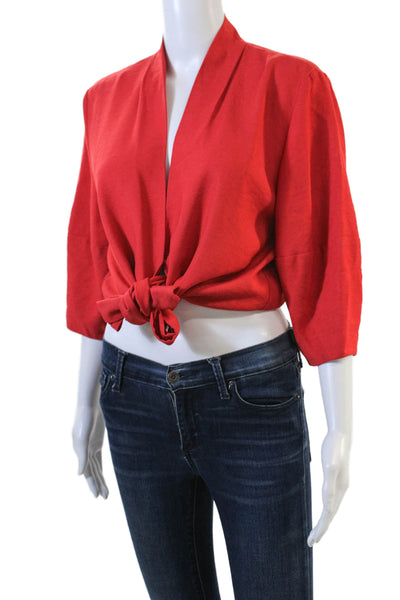 The Sei Womens Short Sleeve Collared Cropped Wrap Top Solid Red Size 2