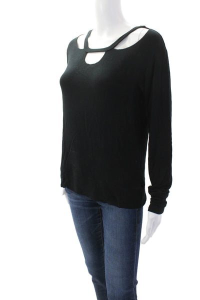 LNA Womens Textured Round Neck Long Sleeve Casual Knit Top Black Size XS