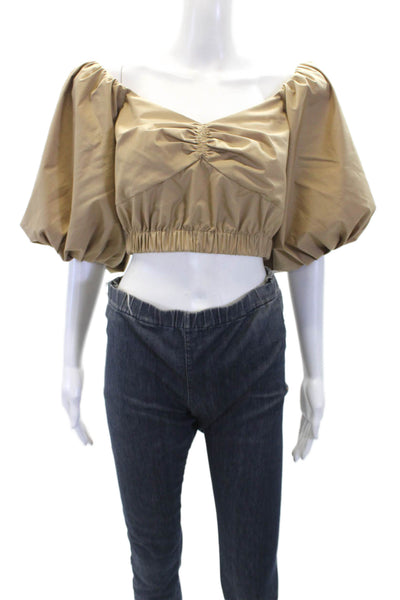 Jason Wu Womens Cotton Blend Ruched Puff Sleeve Cropped Top Brown Size 6
